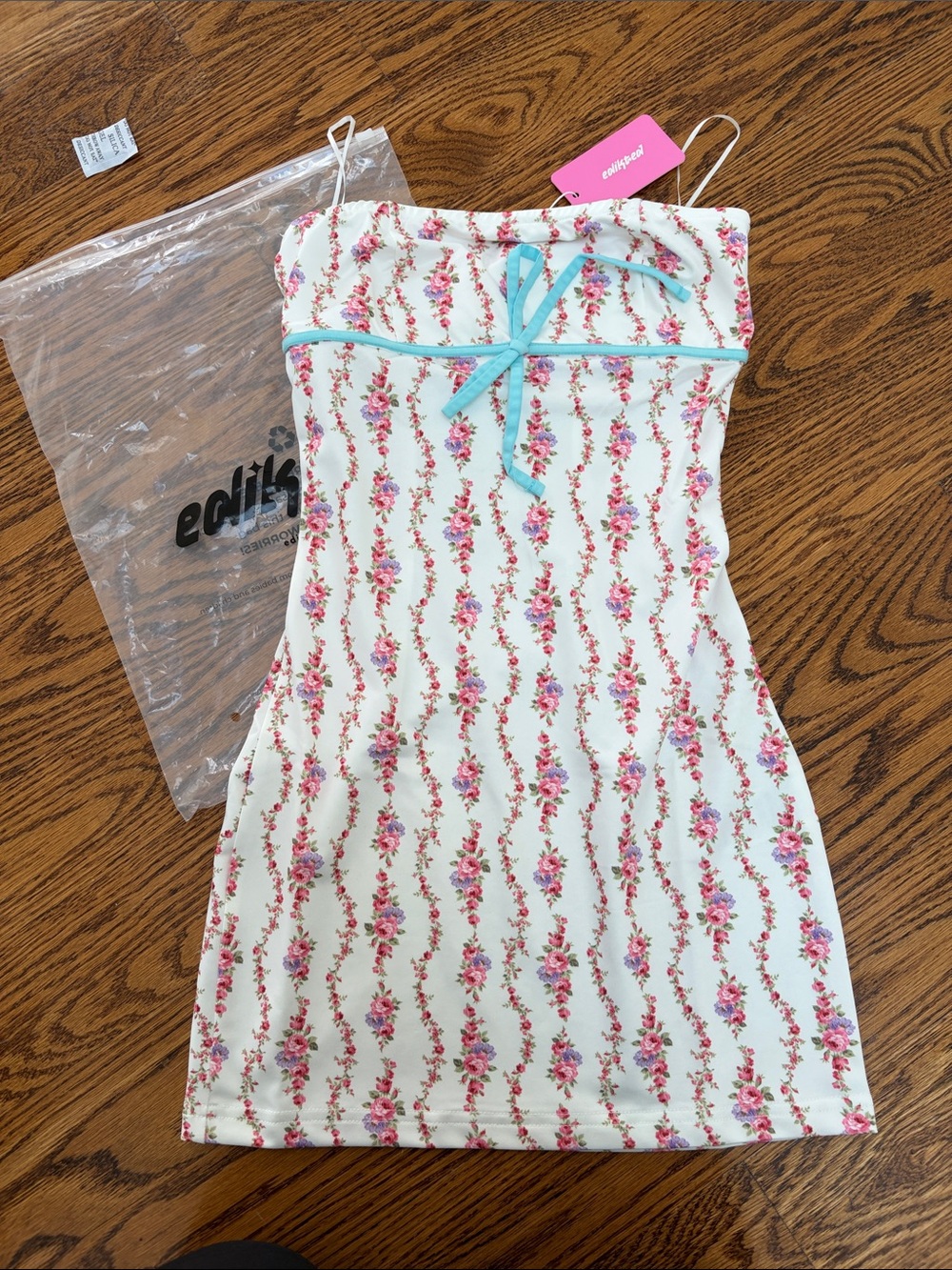 Edikted Floral White and Pink Strapless Dress with Blue Trim